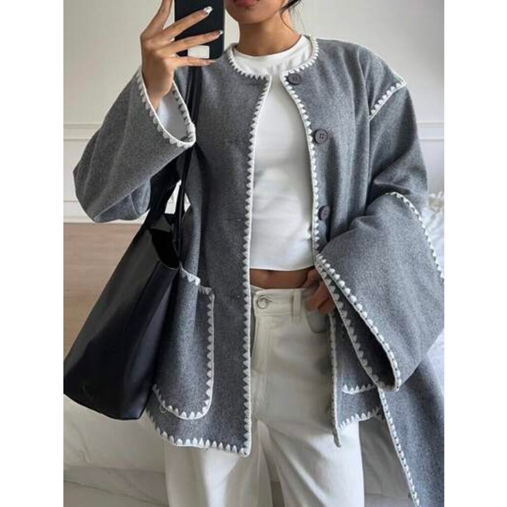 Utcoco Shacket Cardigan Jacket Cassidy Gray Cream NWT M Coatigan Preppy Top